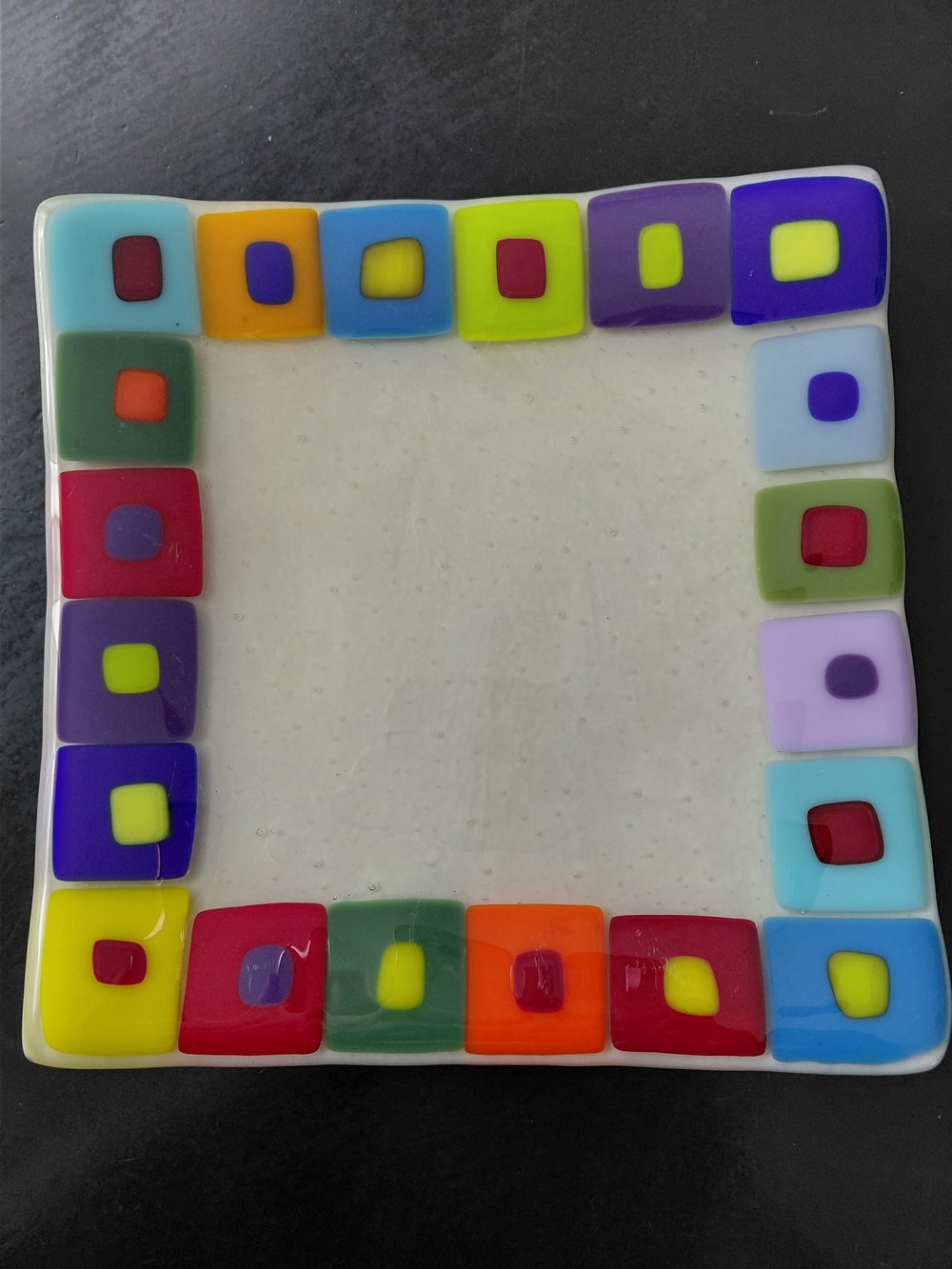 Fused Glass Square Plate with Multicolor Accent Border